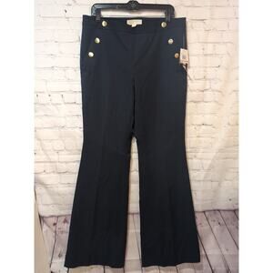 Michael Kors Sailor Button Wide Leg Dress Pants Women 12 Stretchy Navy Blue NWT